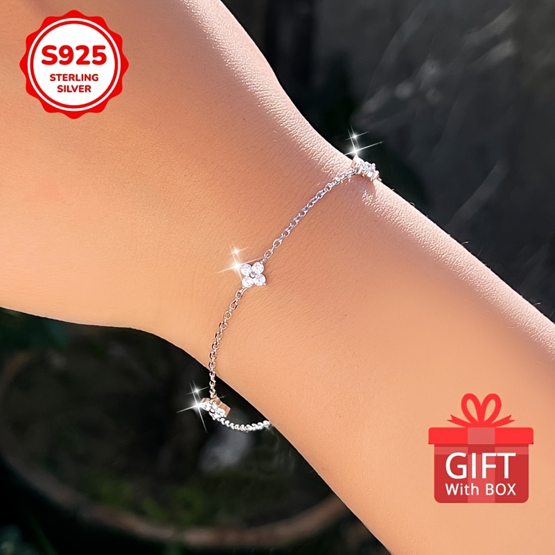 Four Leaf Clover 925 Silver Bracelet with Zirconia for Girlfriend